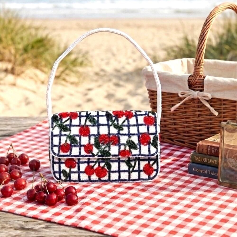 NWT Viral Hand-Beaded White Blue Checker Cherry Girl Coquette Y2K Shoulder Purse